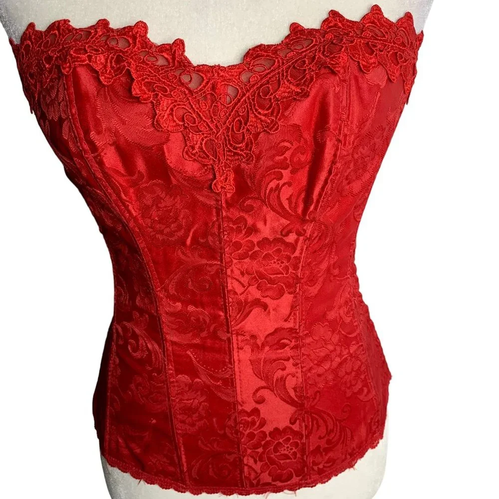 Fredericks Hollywood Dream Sweetheart Corset 32 Red Jacquard Lace Hook Closure - Picture 3 of 9